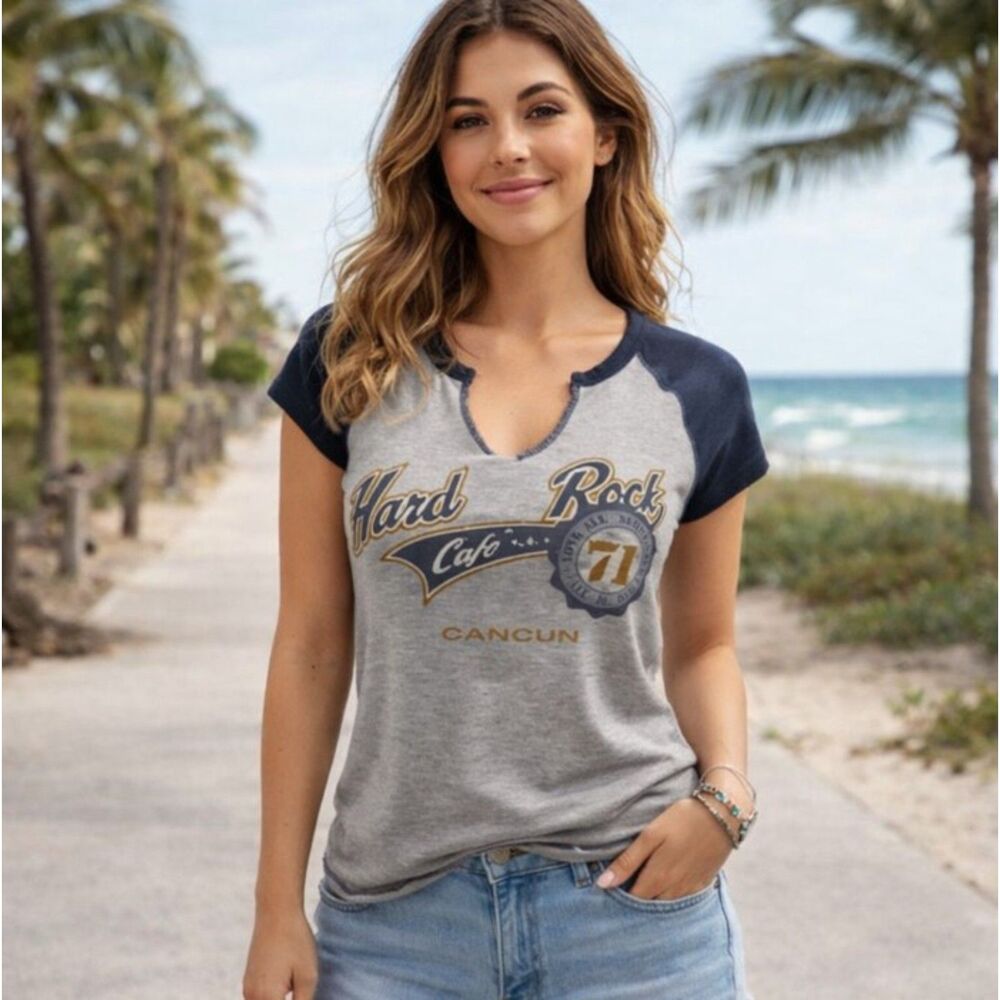 Vintage Hard Rock Cafe Cancun Mexico T-Shirt Y2K Gray Raglan Graphic Tee Women M